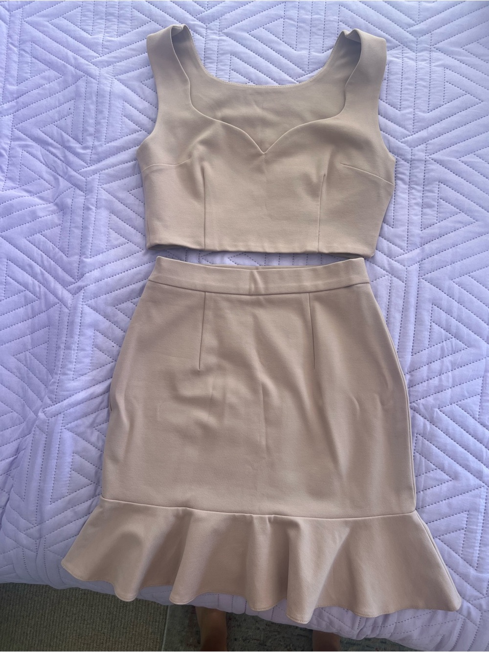 Custom Made Nude Beige Two Piece Crop Top Skirt Set S